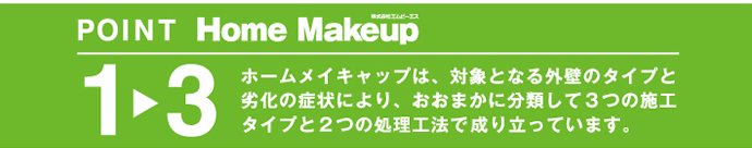 ホームメイキャップは、対象となる外壁のタイプと劣化の症状により、おおまかに分類して3つの施工タイプと2つの処理工法で成り立っています。